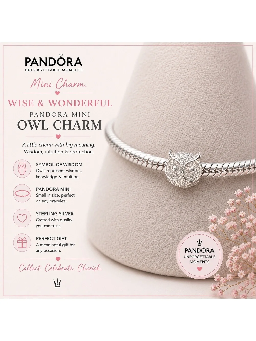 Pandora Mini Owl Charm Sterling Silver Bracelet Charm